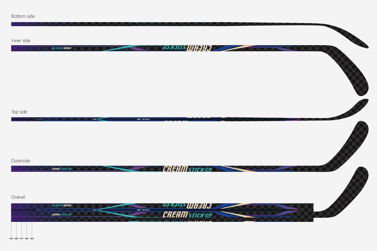 Official CREAM Stick Co. final stick design showing bottom, inner, top and outer sides, plus the overall layout