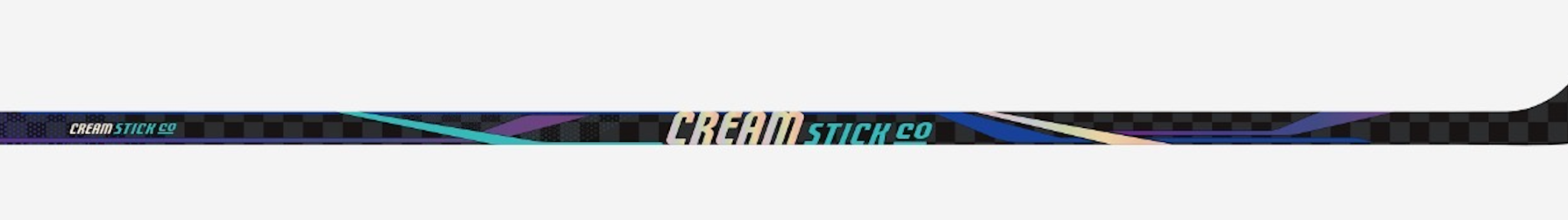 Unstretched close-up of the latest CREAM Stick Co. outside shaft artwork, including cream and teal lettering and carbon pattern