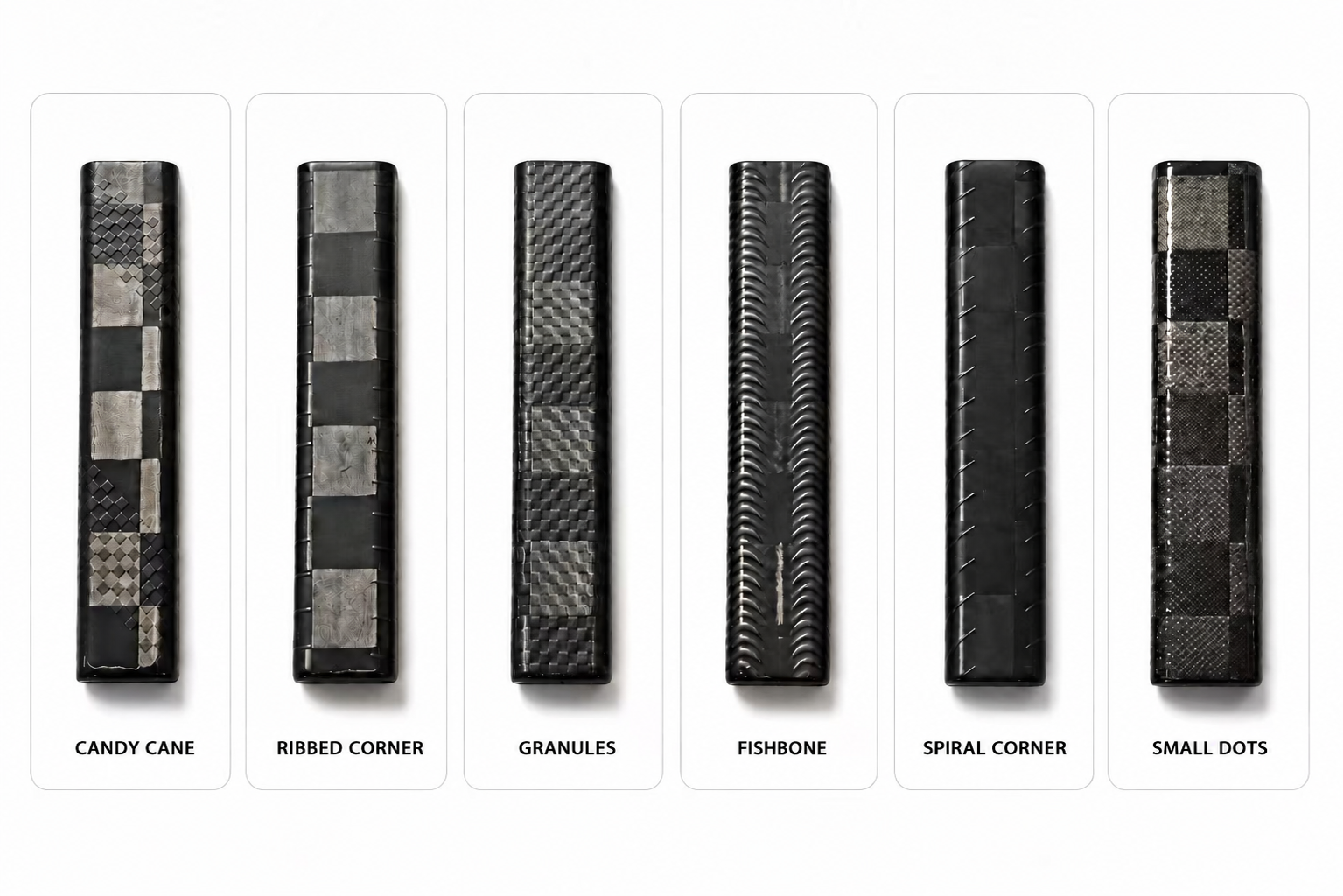 Six labeled 3D grip pattern examples: Candy Cane, Ribbed Corner, Granules, Fishbone, Spiral Corner and Small Dots